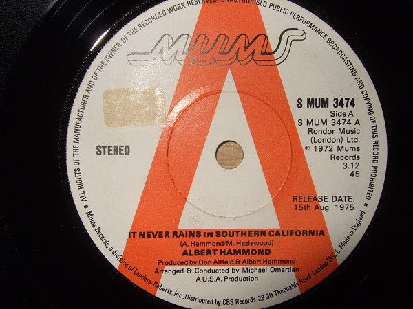 Albert Hammond : It Never Rains In Southern California (7", Single, Promo)