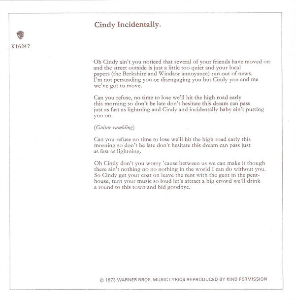 Faces (3) : Cindy Incidentally (7", Single, Sol)