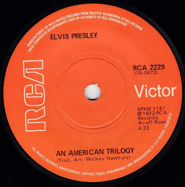 Elvis Presley : An American Trilogy (7", Single, Sol)