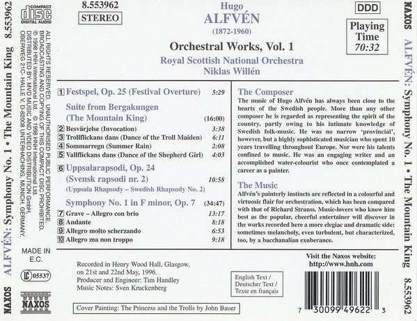 Hugo Alfvén - Royal Scottish National Orchestra, Niklas Willén : Symphony No. 1 • Festival Overture • Uppsala Rhapsody • The Mountain King (CD, Album)