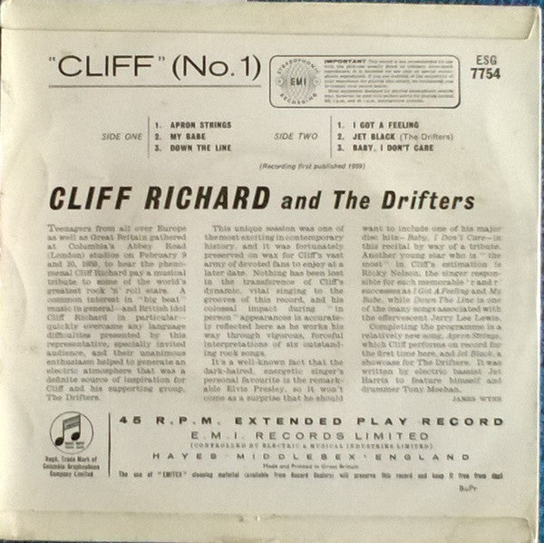 Cliff Richard & The Drifters : Cliff No. 1 (7", EP)