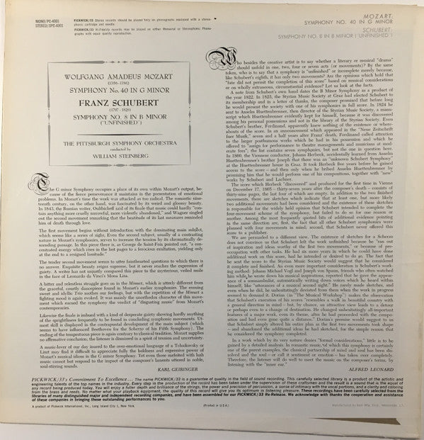 Wolfgang Amadeus Mozart / Franz Schubert - William Steinberg, Pittsburgh Symphony Orchestra : Symphony No. 40 In G Minor / Symphony No. 8 (LP, Comp)