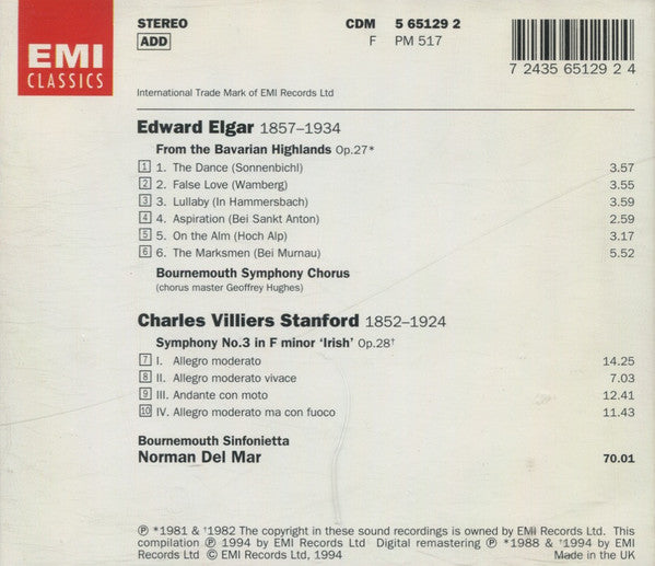 Stanford*, Elgar*, Bournemouth Symphony Chorus, Bournemouth Sinfonietta, Norman Del Mar : Irish Symphony / From The Bavarian Highlands (CD, RM)