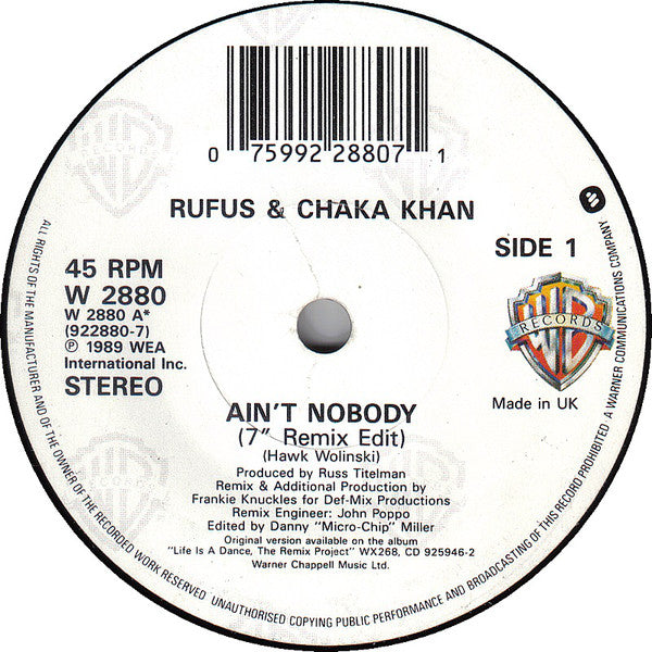 Rufus & Chaka Khan : Ain't Nobody (Remix) (7", Single)