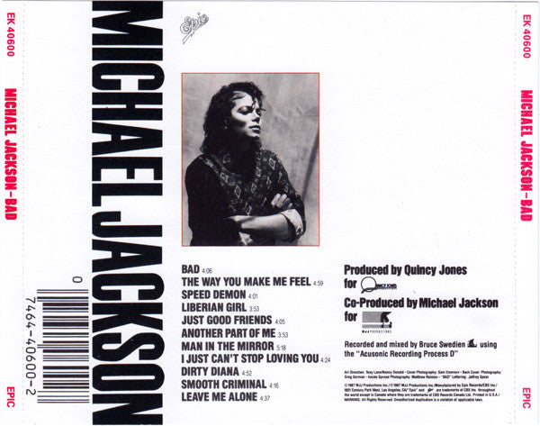 Michael Jackson : Bad (CD, Album, 1st)