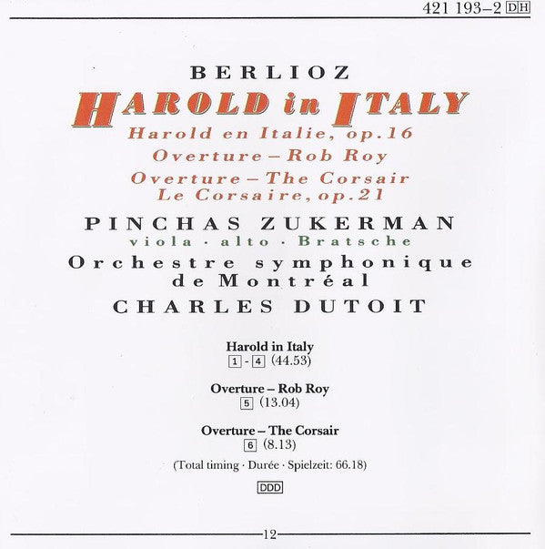 Hector Berlioz - Pinchas Zukerman, Charles Dutoit, Orchestre symphonique de Montréal : Harold In Italy • RobRoy • Le Corsaire (CD)