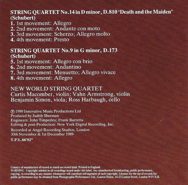 Franz Schubert, New World String Quartet : String Quartets No.14 In D Minor 'Death And The Maiden' / No.9 In G Minor (CD)