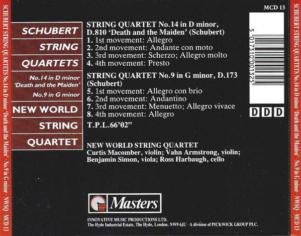 Franz Schubert, New World String Quartet : String Quartets No.14 In D Minor 'Death And The Maiden' / No.9 In G Minor (CD)