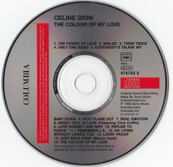 Céline Dion : The Colour Of My Love (CD, Album)