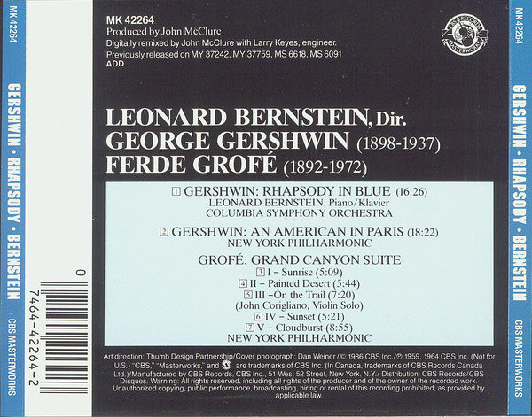 Leonard Bernstein - George Gershwin / Ferde Grofé - New York Philharmonic / Columbia Symphony Orchestra : Rhapsody In Blue / An American In Paris / Grand Canyon Suite (CD, Comp, RE)