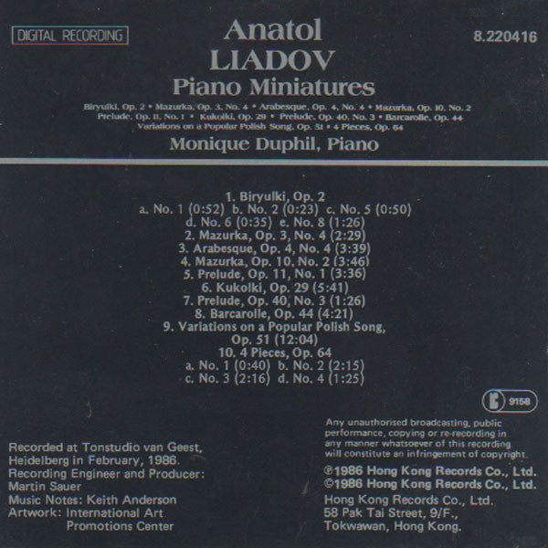 Anatol Liadov* - Monique Duphil : Piano Miniatures (CD)