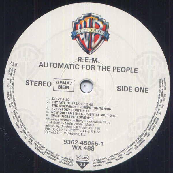 R.E.M. : Automatic For The People (LP, Album, RE, RP)