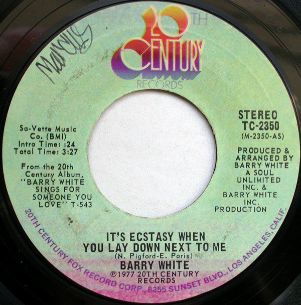 Barry White : It's Ecstasy When You Lay Down Next To Me (7", Single, Styrene, Ter)