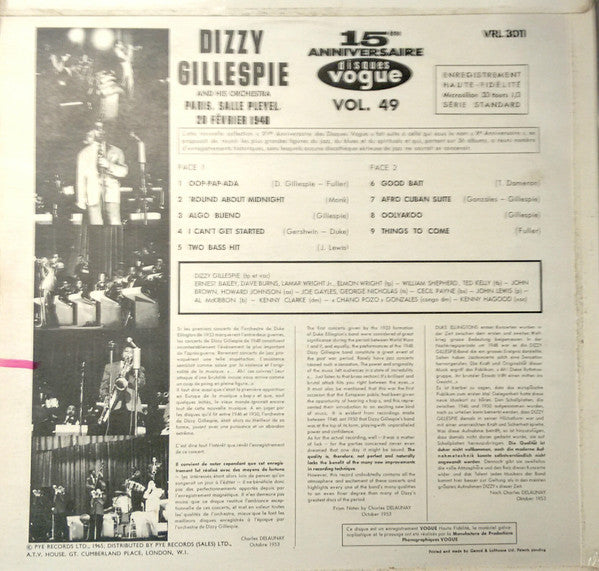 Dizzy Gillespie : Paris, Salle Pleyel, 28 Février 1948 (LP, Mono, RE)
