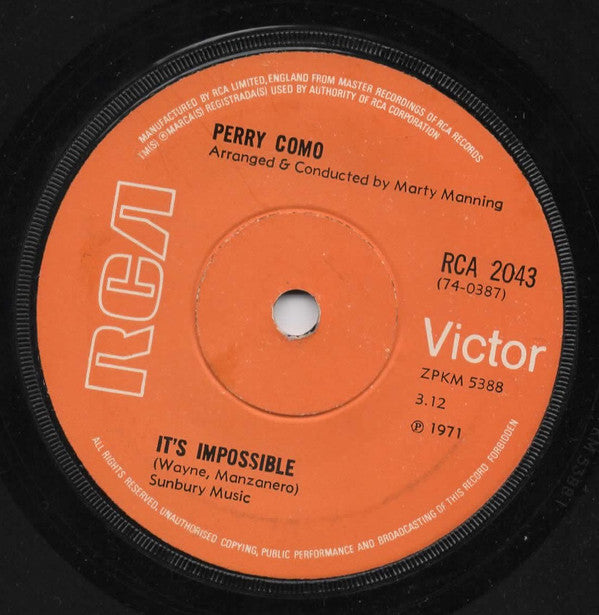 Perry Como : It's Impossible / Long Life, Lots Of Happiness (7", Single, Sol)