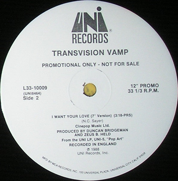 Transvision Vamp : I Want Your Love (12", Promo, Pic)