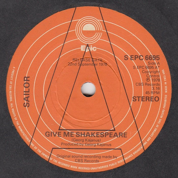 Sailor : Give Me Shakespeare (7", Single, Promo)