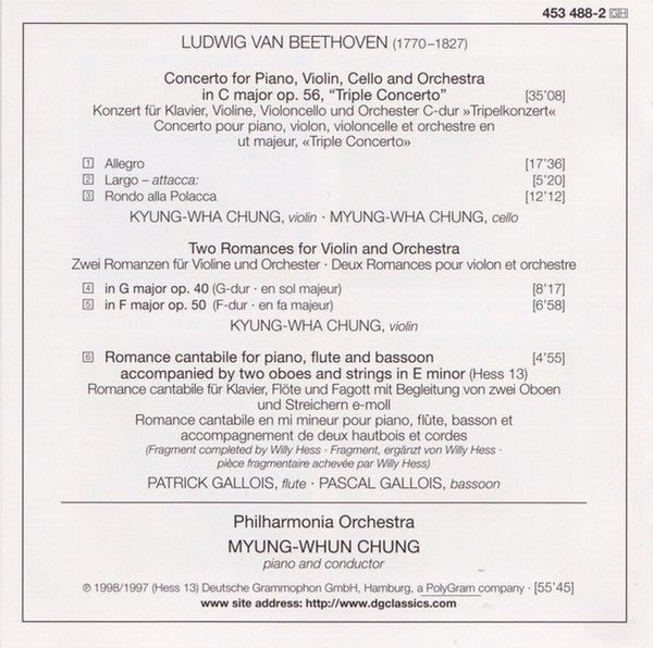Ludwig van Beethoven – Chung Trio • Patrick Gallois • Pascal Gallois • Philharmonia Orchestra • Myung-Whun Chung : Triple Concerto • Romance In E Minor • Violin Romances Opp. 40 & 50 (CD, Album, PMD)