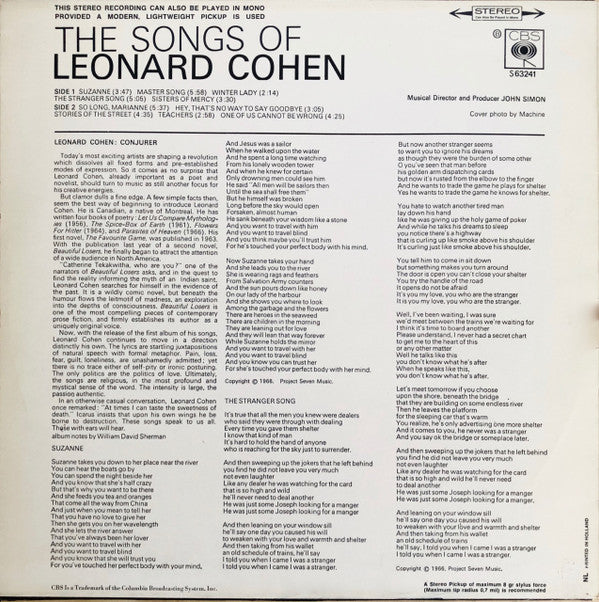 Leonard Cohen : Songs Of Leonard Cohen (LP, Album, RE)