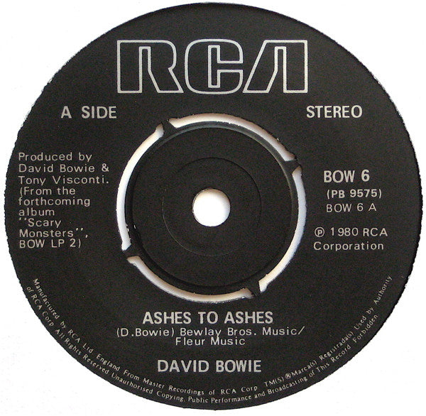 David Bowie : Ashes To Ashes (7", Single, Pus)