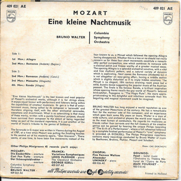 Columbia Symphony Orchestra, Bruno Walter / Wolfgang Amadeus Mozart : Eine Kleine Nachtmusik (7", EP, Mono)