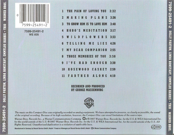 Dolly Parton, Linda Ronstadt, Emmylou Harris : Trio (CD, Album, RE)