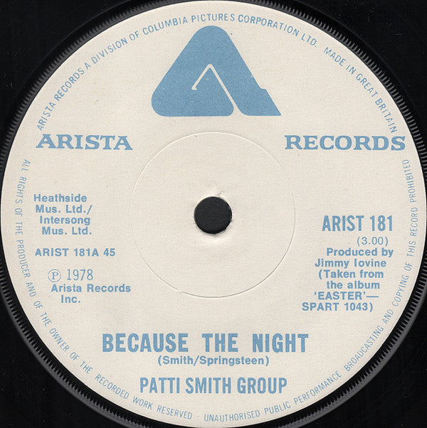 Patti Smith Group : Because The Night (7", Single, Pap)