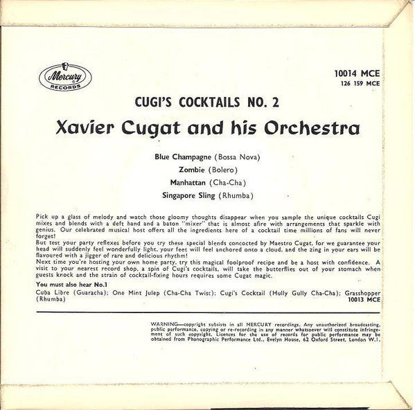 Xavier Cugat And His Orchestra : Cugi's Cocktails No.2 (7", EP, Mono)