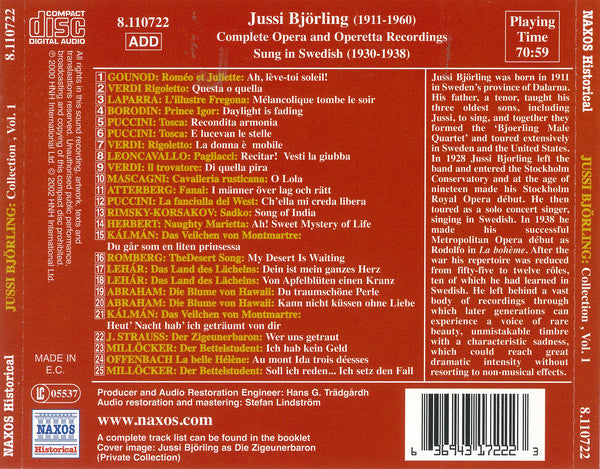 Jussi Björling : Jussi Björling Collection Vol. 1 Samtliga Opera- Och Operettinspelningar På Svenska, 1930-38 (CD, Comp)