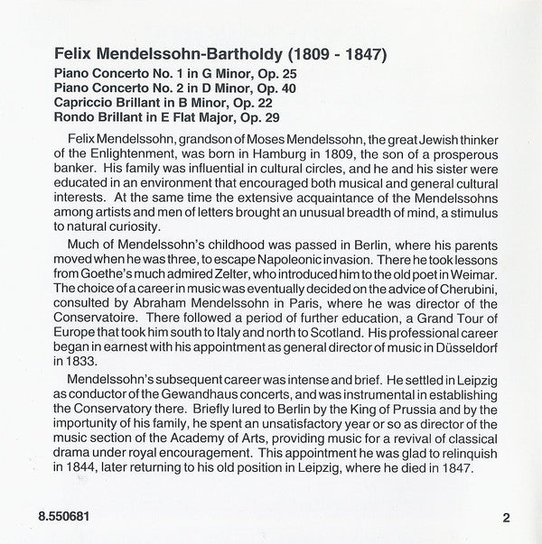 Felix Mendelssohn-Bartholdy - Benjamin Frith, Slovak State Philharmonic Orchestra, Košice, Robert Stankovsky : Piano Concertos Nos. 1 & 2 • Capriccio Brillant, Op. 22 • Rondo Brillant, Op. 29 (CD, Album)