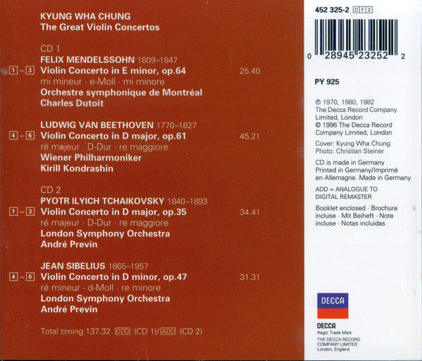 Kyung-Wha Chung - Felix Mendelssohn-Bartholdy, Ludwig van Beethoven, Pyotr Ilyich Tchaikovsky, Jean Sibelius :  The Great Violin Concertos (2xCD, Comp)