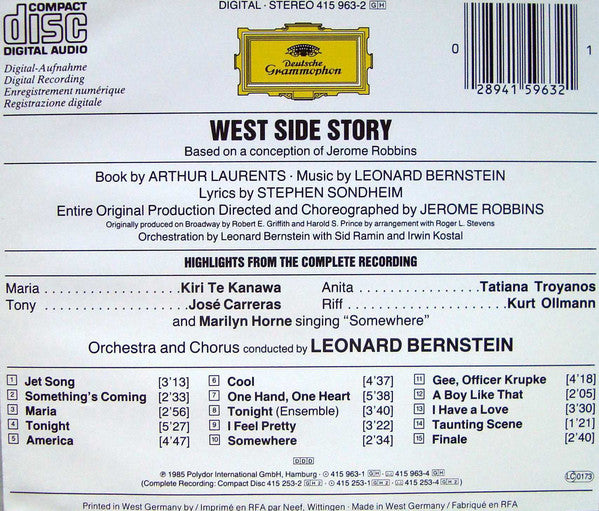 Leonard Bernstein - Kiri Te Kanawa, José Carreras, Tatiana Troyanos, Kurt Ollmann, Marilyn Horne : West Side Story [Highlights] (CD, Album, PDO)