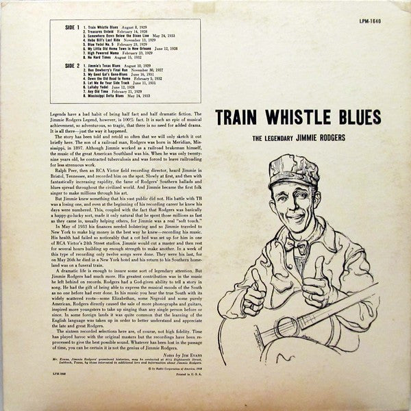 The Legendary Jimmie Rodgers* : Train Whistle Blues (LP, Comp, Mono, Ind)