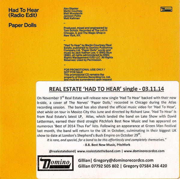 Real Estate (2) : Had To Hear (CD, Single, Promo)