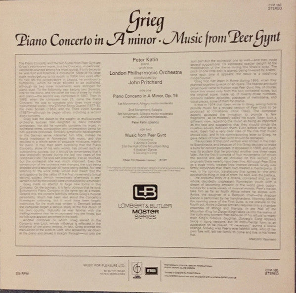 Grieg* - Peter Katin, London Philharmonic Orchestra, John Pritchard : Piano Concerto In A Minor • Peer Gynt Suite (LP)