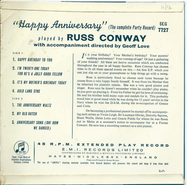 Russ Conway : Happy Anniversary (The Complete Party Record) (7", EP)