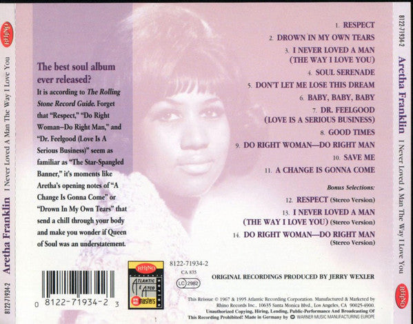 Aretha Franklin : I Never Loved A Man The Way I Love You (CD, Album, Mono, RE, RM, WME)