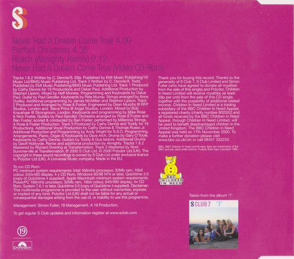 S Club 7 : Never Had A Dream Come True (CD, Single, Enh, Uni)