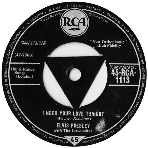 Elvis Presley With The Jordanaires : A Fool Such As I / I Need Your Love Tonight  (7", Single, Tri)