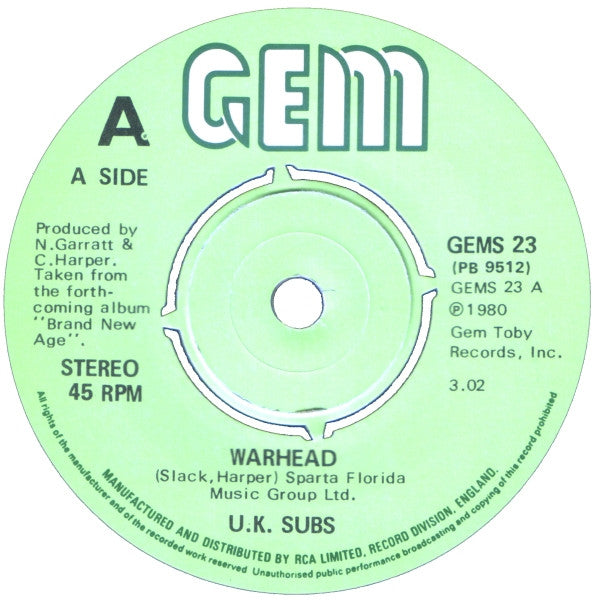 UK Subs : Warhead (7", Single, Ltd, Bro)