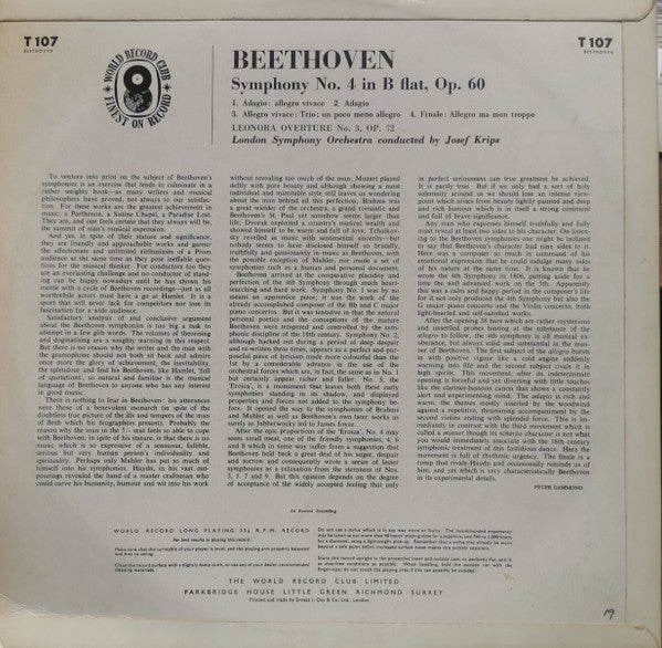 Ludwig van Beethoven, Josef Krips, London Symphony Orchestra : Symphony No. 4 In B-flat, Op. 60 (LP, Mono, Club)