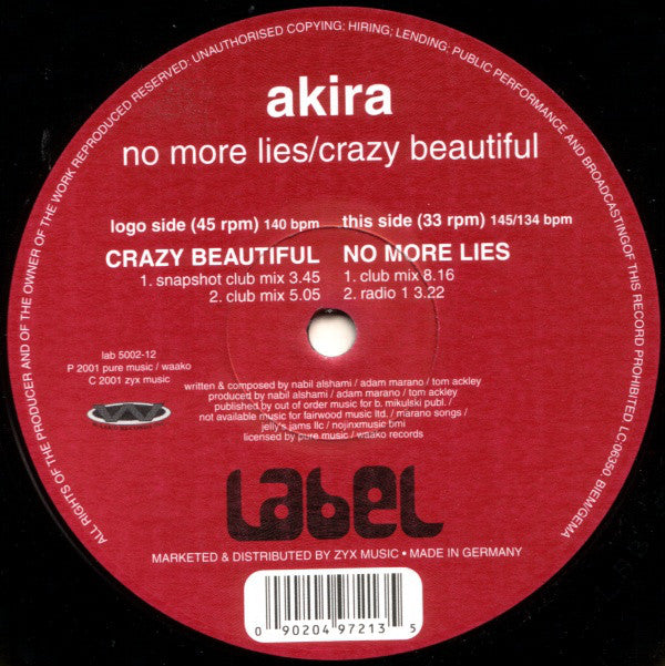 Akira (10) : No More Lies / Crazy Beautiful (12", Maxi)