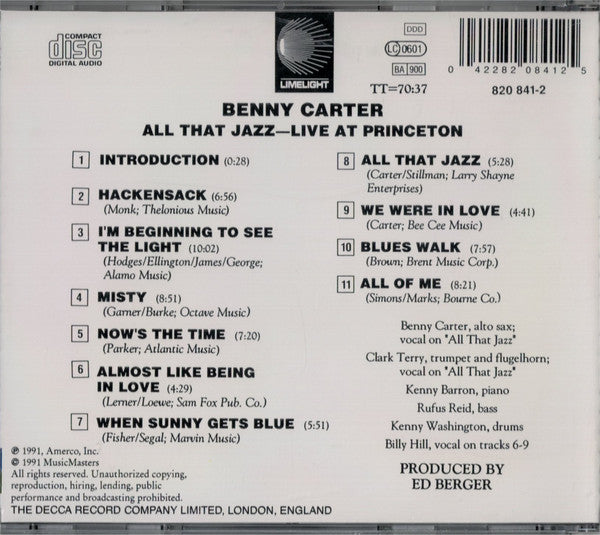 Benny Carter : All That Jazz - Live At Princeton (CD, Album)