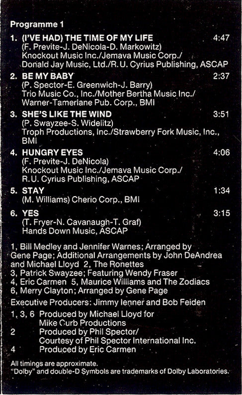 Various : Dirty Dancing (Original Soundtrack From The Vestron Motion Picture) (Cass, Album, Comp)