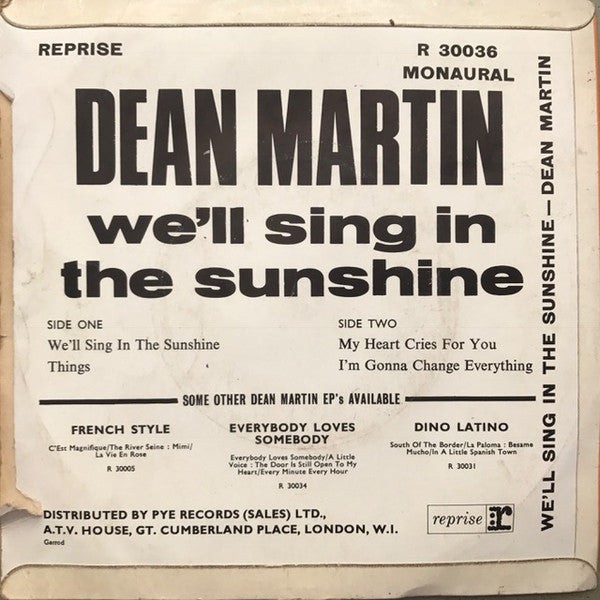 Dean Martin : We'll Sing In The Sunshine (7", EP, Mono)