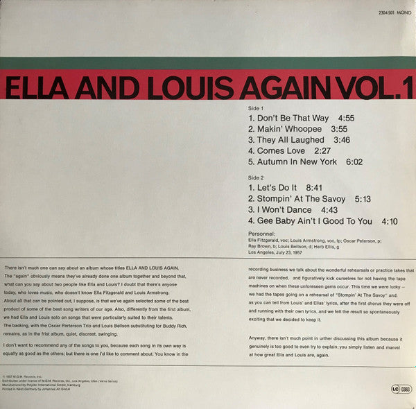 Ella* And Louis* : Ella And Louis Again-Vol. 1 (LP, Album, Mono, RE)