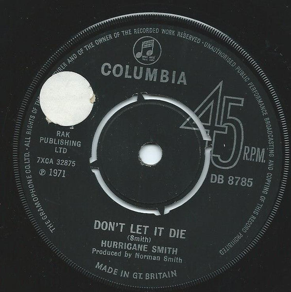 Hurricane Smith : Don't Let It Die (7", Single, Pus)