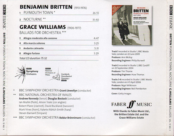 Benjamin Britten, Grace Williams, BBC Symphony Orchestra, BBC National Orchestra Of Wales, Andrew Kennedy : Plymouth Town / Nocturne / Ballads For Orchestra (CD, Album)