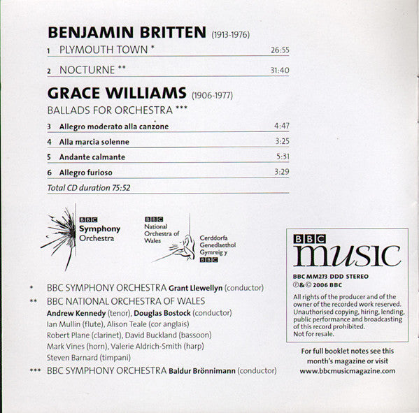 Benjamin Britten, Grace Williams, BBC Symphony Orchestra, BBC National Orchestra Of Wales, Andrew Kennedy : Plymouth Town / Nocturne / Ballads For Orchestra (CD, Album)