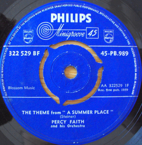 Percy Faith And His Orchestra* : The Theme From "A Summer Place" (7", Single)